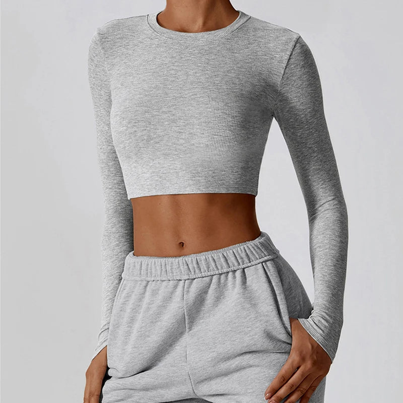 Ribbed Crew Neck Cropped Gym Tee Shirt